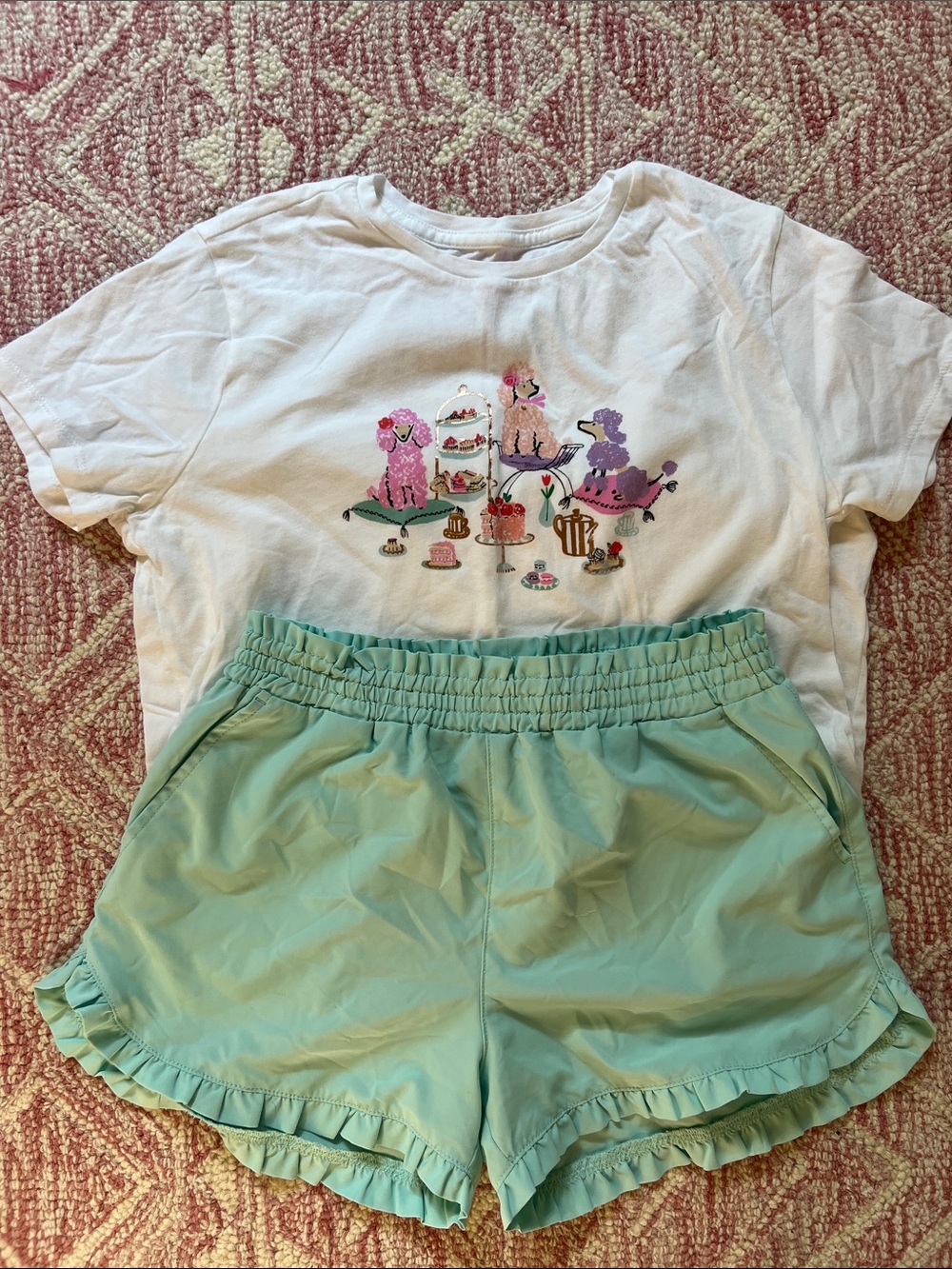 Crewcuts White Tee with Aqua Ruffle Shorts - Poodle Tea Party Set